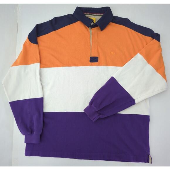 Duck Head Long Sleeve Polo Striped Orange Purple Cream Rugby Men's Large VTG 90s - Picture 1 of 6